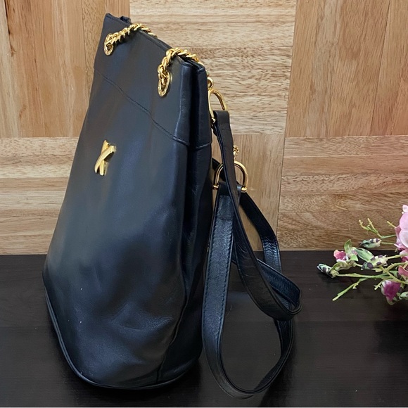 Vintage PALOMA PICASSO Italian Black Leather Gold Chain Handle Shoulder Bag - Picture 6 of 16